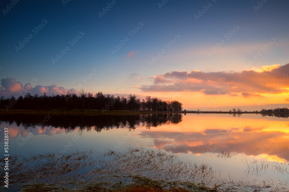 Fototapeta premium calm sunset over lake surface