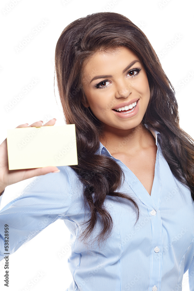 Young Businesswoman holding credit card. Isolated on white Young Businesswoman holding credit card. Isolated on white