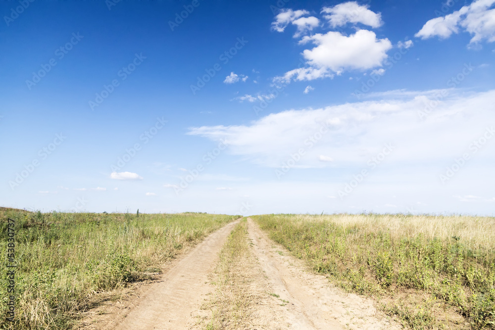 Landscape of road with tractor`s track in green field
