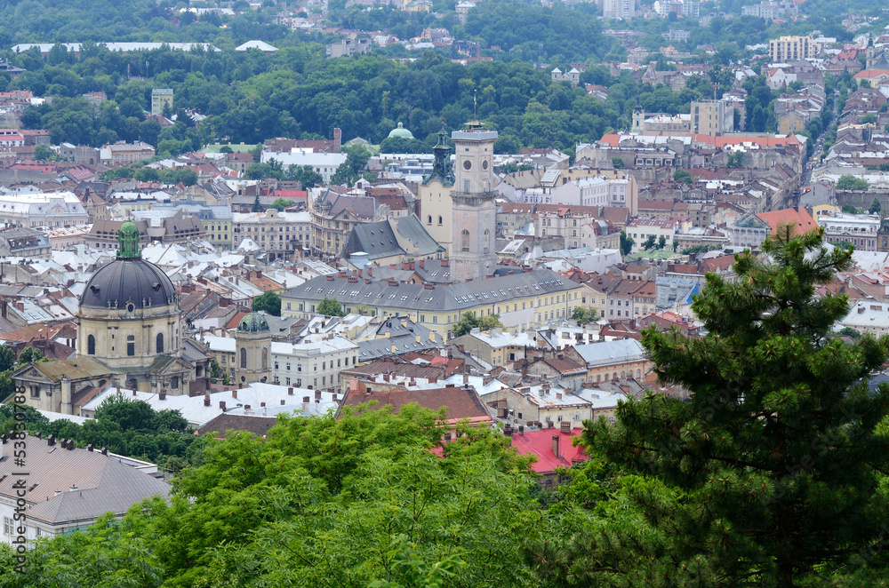 Panorama of Lvov old town with Dominicn church