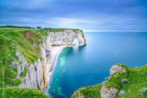 Etretat, Manneporte natural rock arch and its beach. Normandy, F