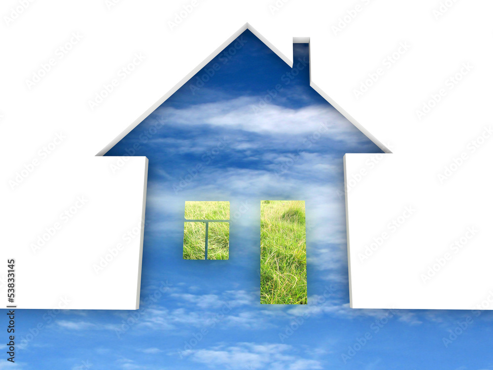 Eco house metaphor. House with grass and sky. Eco house metaphor. House with grass and sky.
