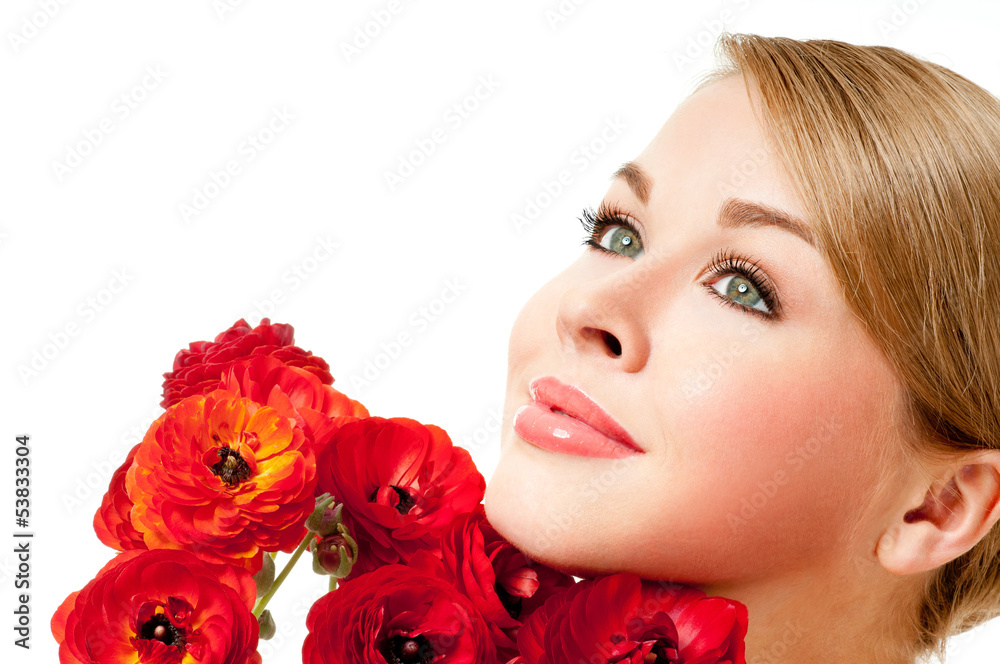 Fototapeta premium beautiful female face with red flowers
