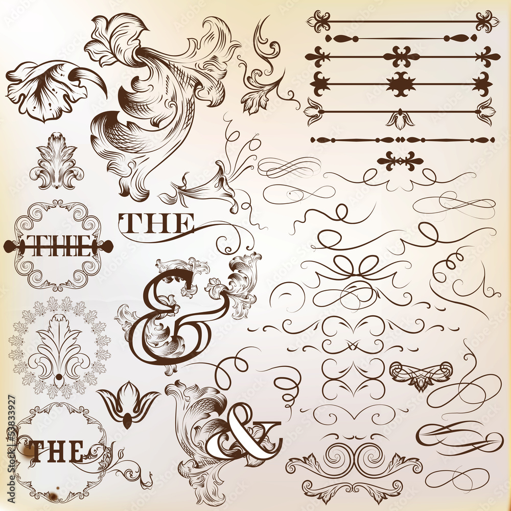 Fototapeta premium Collection of vintage vector calligraphic design elements and pa
