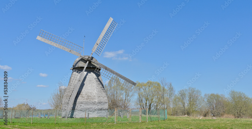 Ancient wooden windmill in Veliky Novgorod, Russia
