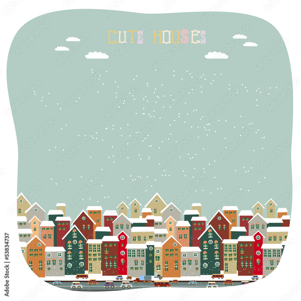 Christmas card with cute little town. seamless