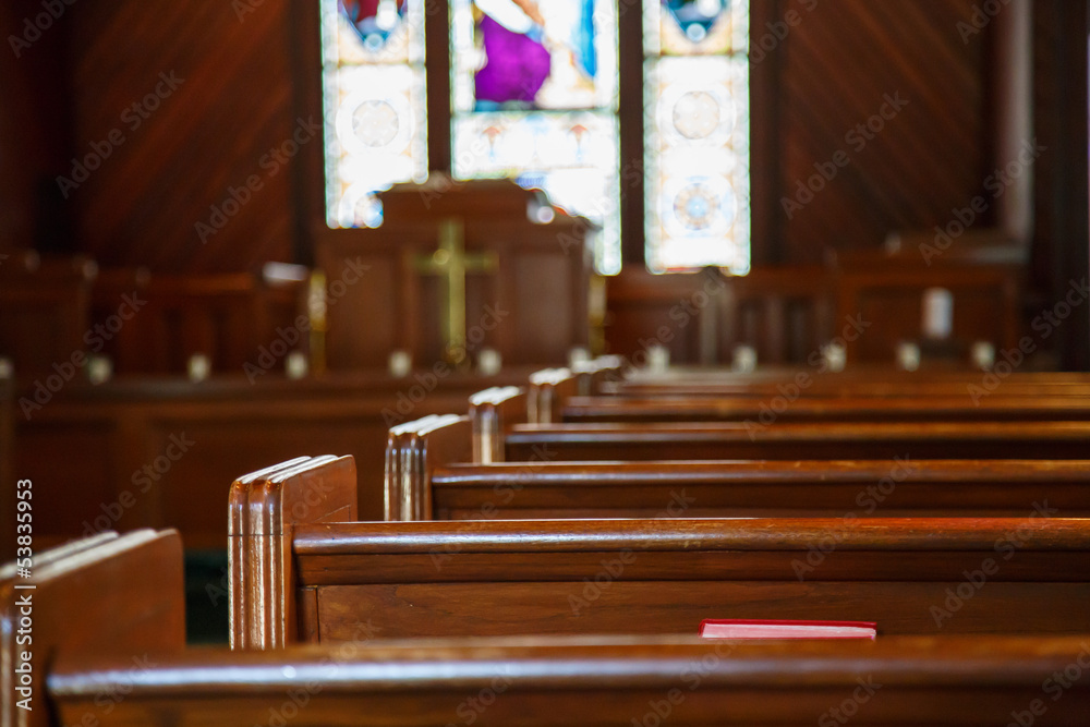 Church Pews With Stained Glass Beyond Pulpit Stock Photo Adobe Stock