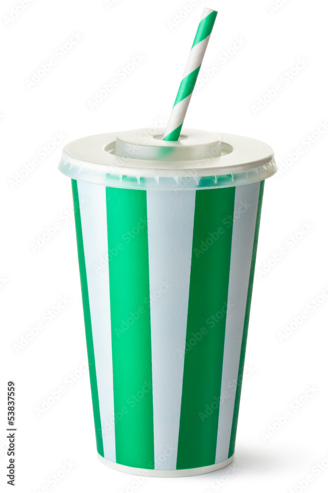 Green striped cardboard cup with a straw Green striped cardboard cup with a straw