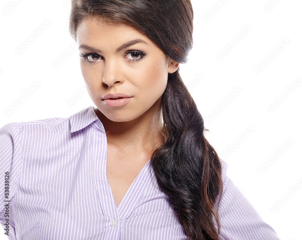 Smiling woman with folded hands against white backgroun Smiling woman with folded hands against white backgroun