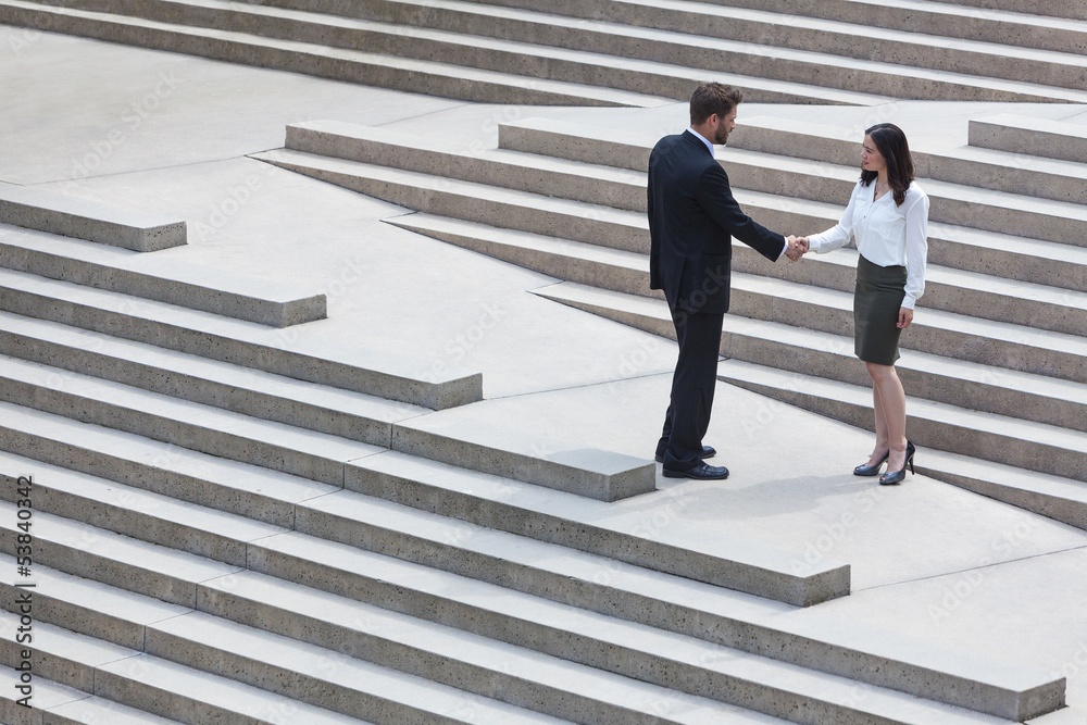Asian Woman Caucasian Businessman Handshake City Steps Asian Woman Caucasian Businessman Handshake City Steps