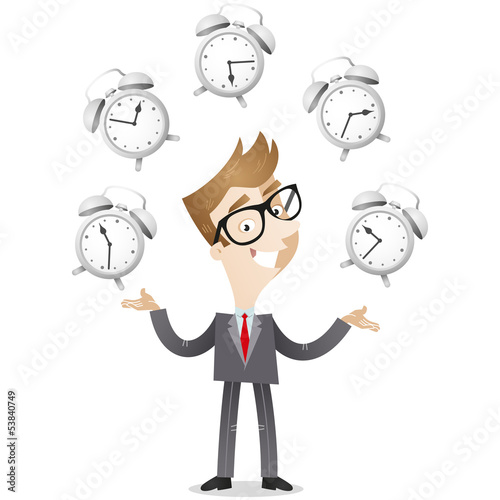 Businessman, juggling, alarm clocks, time management