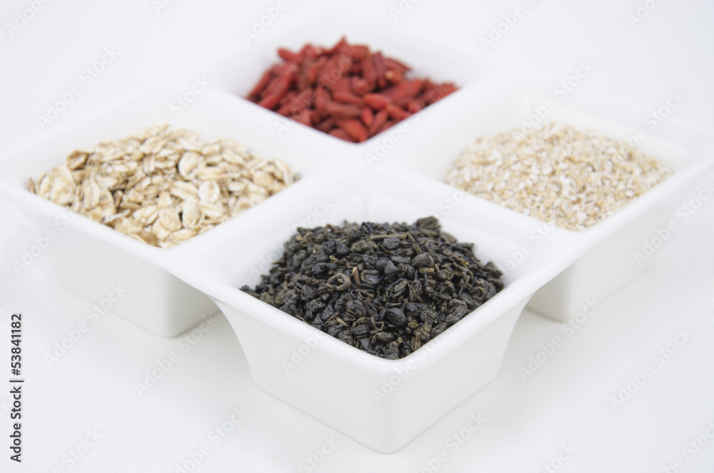 Health - Green tea, goji, oat bran and oat flakes Health - Green tea, goji, oat bran and oat flakes