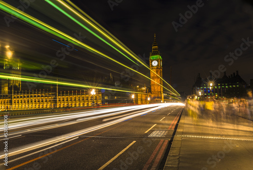 The Big Ben at night and light trails, London
