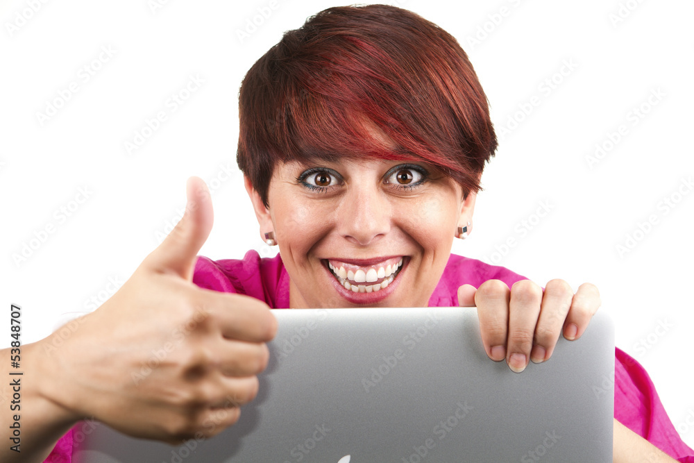 Fototapeta premium Woman using laptop and doing thumbs up