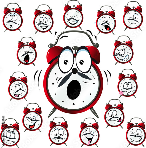 alarm clock cartoon with many facial expressions