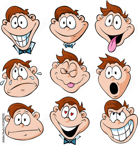 man emotions - illustration of man with many facial expressions