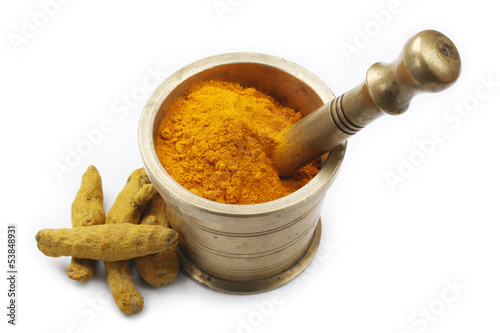 Turmeric with Powder in Antique Brass Mortar