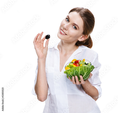 Fotografie buxom european woman & vegetable salad - isolated on white