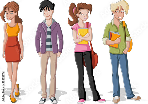 Group of four cartoon young people. Teenager students.