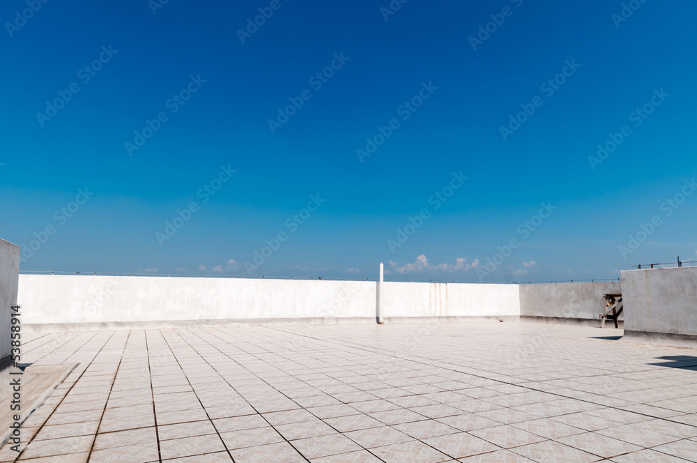 Balcony, floor, concrete fence and blue sky