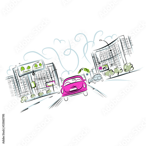 Pink car on the city road for your design