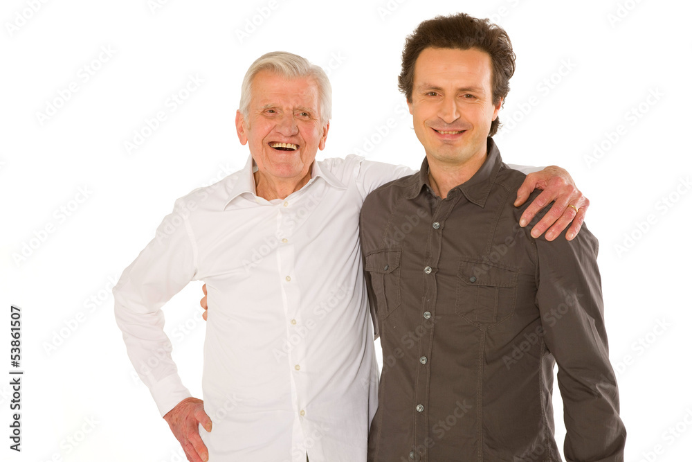 eldery father granfather and son standing on white backgraund eldery father granfather and son standing on white backgraund