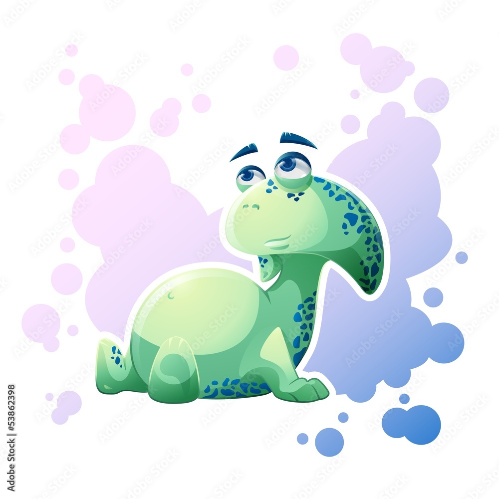 Cute green little dragon monster is sitting and relaxing, on purple background Cute green little dragon monster is sitting and relaxing, on purple background
