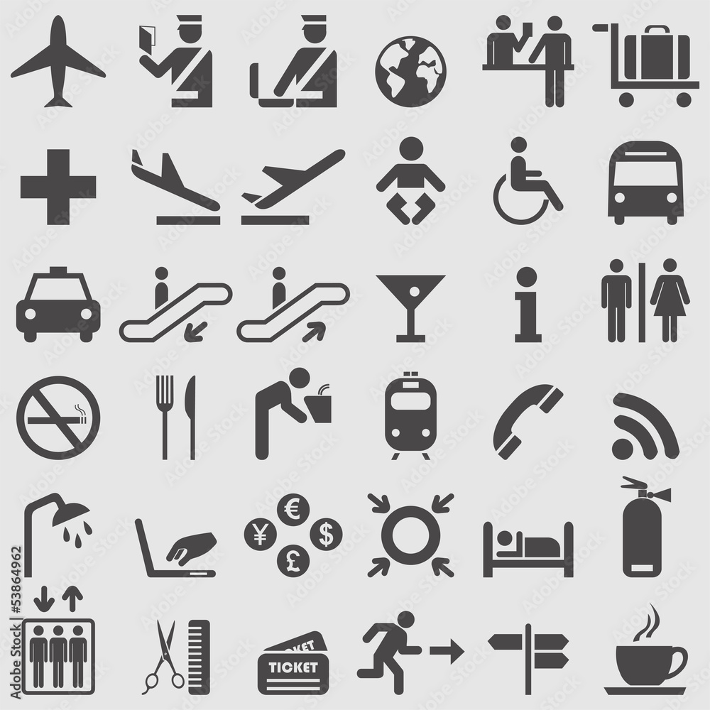 Fototapeta premium Airport complete icons set. Vector