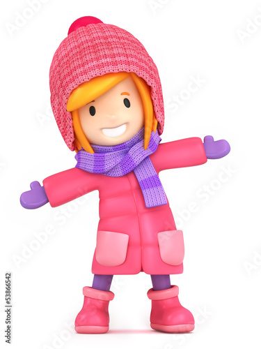 3D render of a happy girl wearing winter clothes