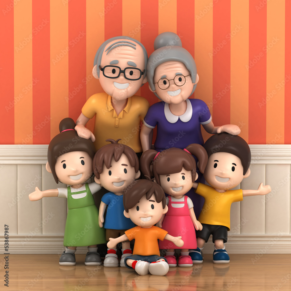 3D render of grandparents with grandchildred 3D render of grandparents with grandchildred