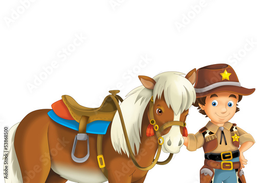 Cartoon happy scene of wild west - cowboy with his horse