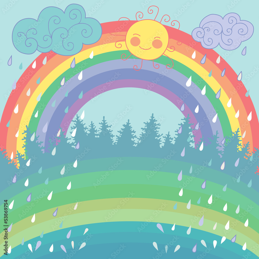Colorful background with a rainbow, rain, sun in cartoon style Stock Vector  | Adobe Stock