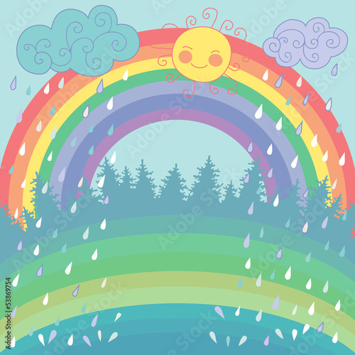 Colorful background with a rainbow, rain, sun in cartoon style