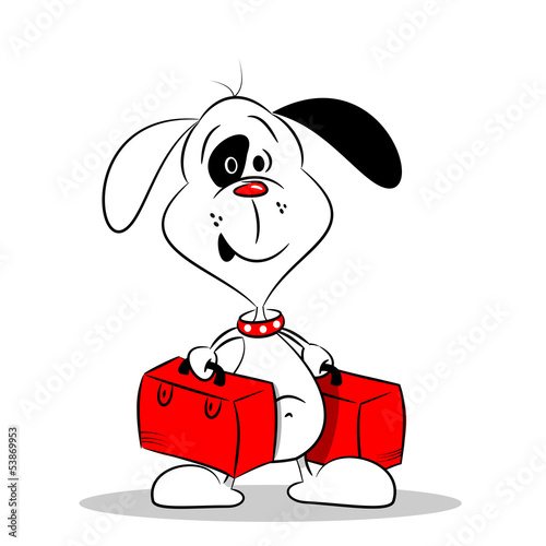 A cartoon dog holding two suitcases on white background