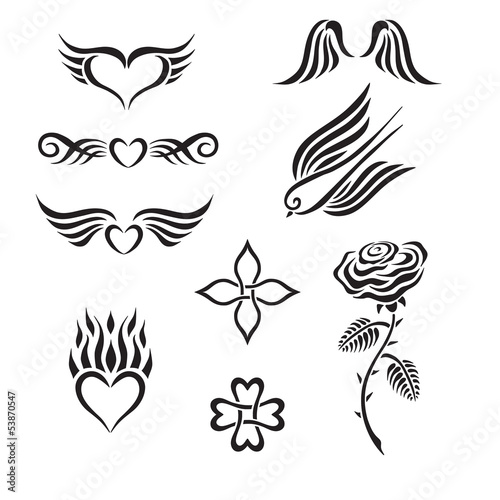 Set of tribal tattoo including hearts, rose, swallow, wings