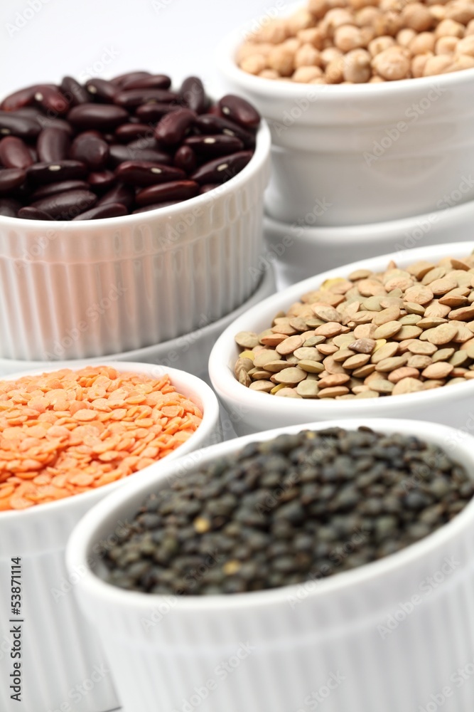 Bowls with different kinds of lentil, beans and chickpea. Bowls with different kinds of lentil, beans and chickpea.