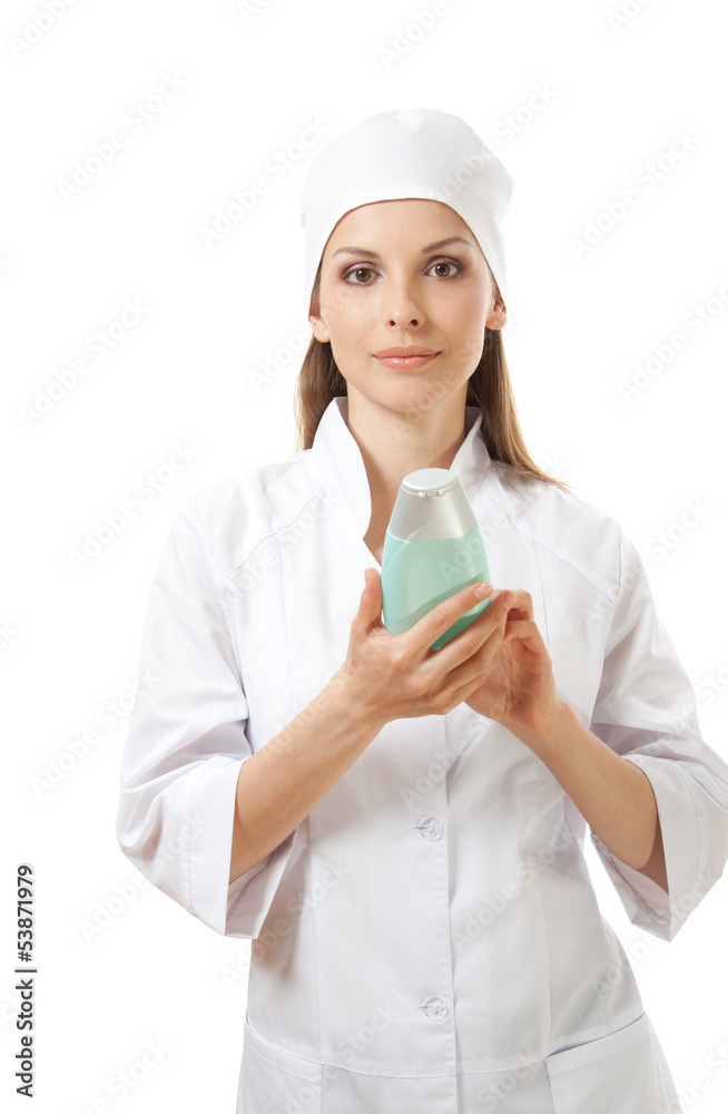 doctor presenting new medicine, isolated on white doctor presenting new medicine, isolated on white
