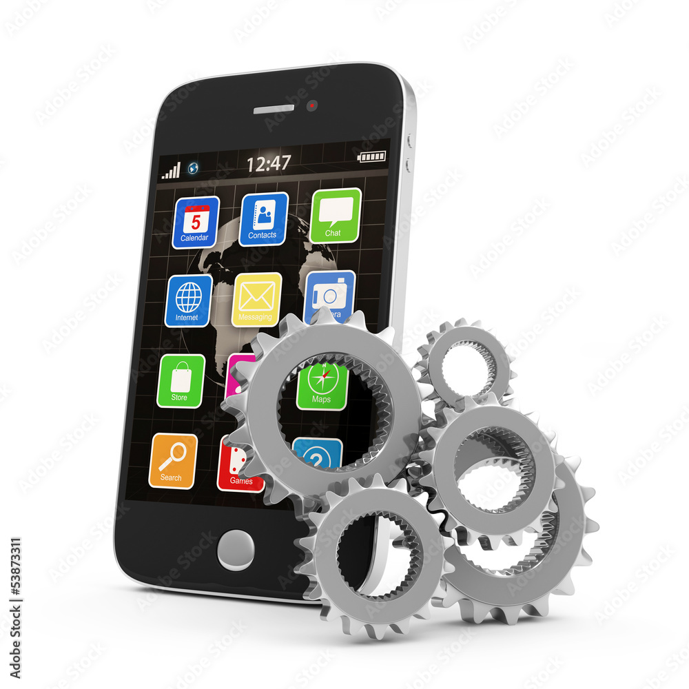 Touchscreen Smartphone with Gears on white background