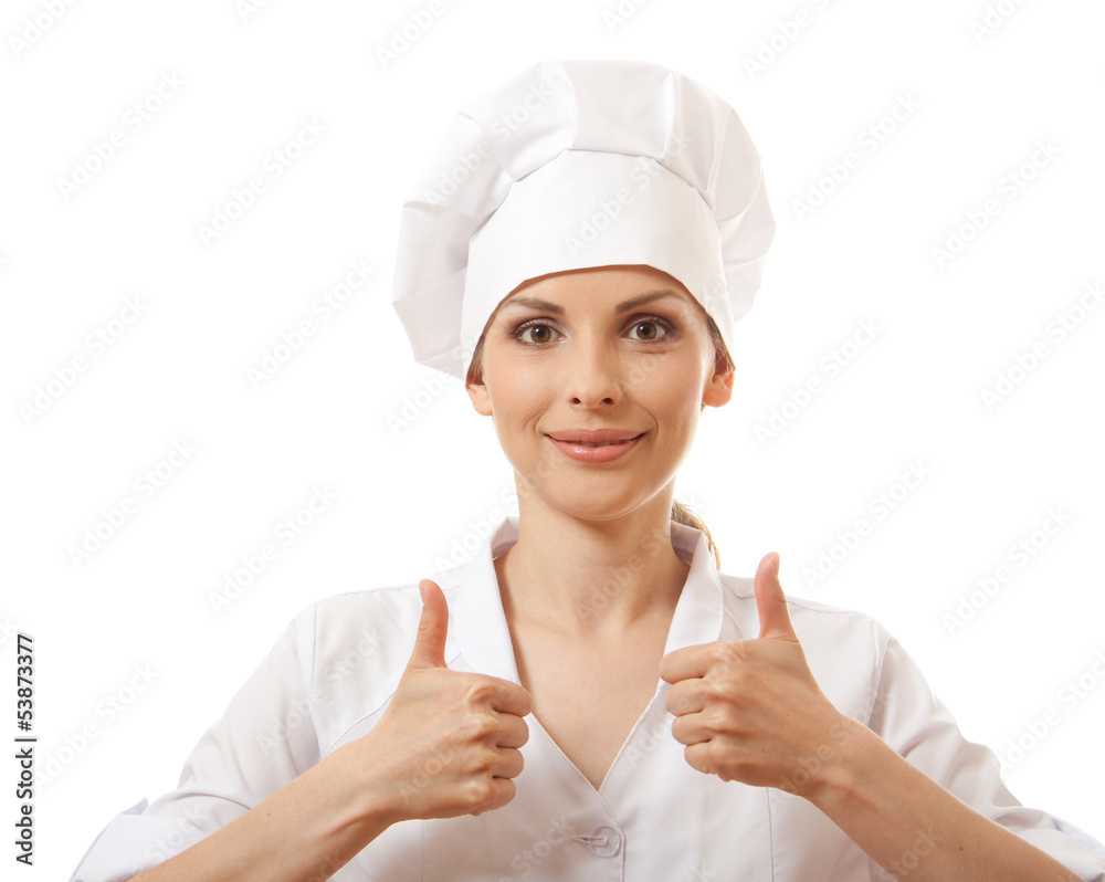 Chef woman, cook, happy thumbs up, isolated on white background Chef woman, cook, happy thumbs up, isolated on white background