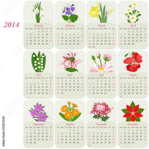 2014 calendar with flowers of the months