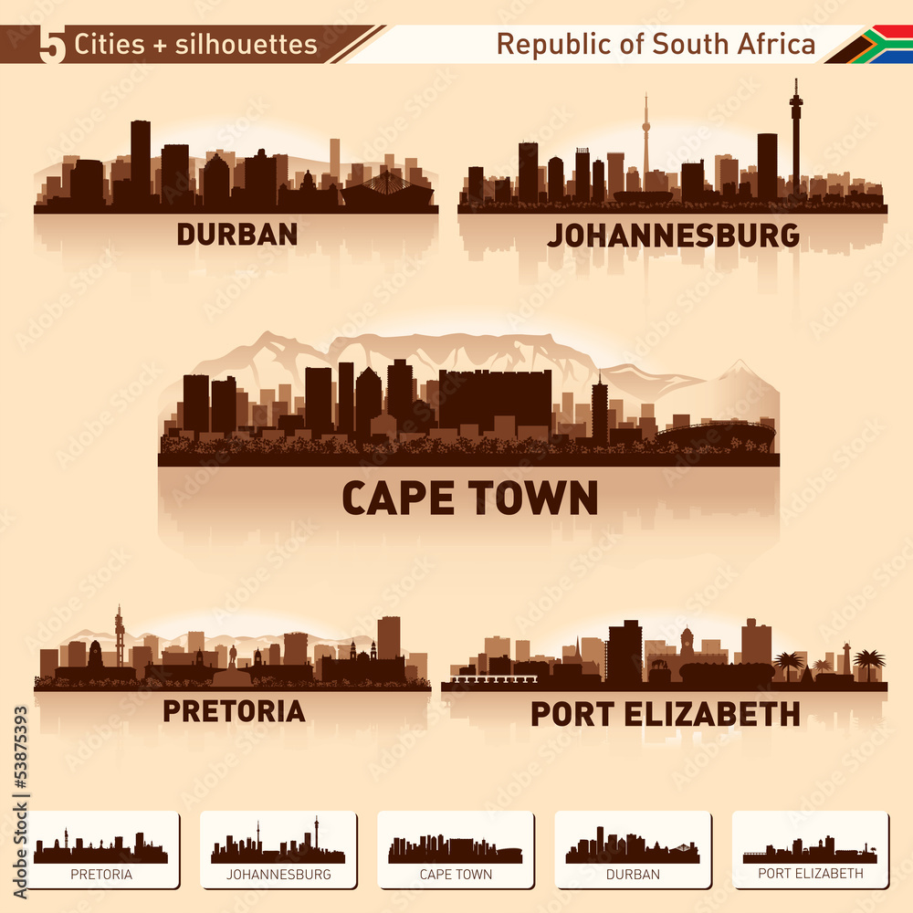 Fototapeta premium Panoramę miasta ustawić 5 sylwetki Republiki Południowej Afryki