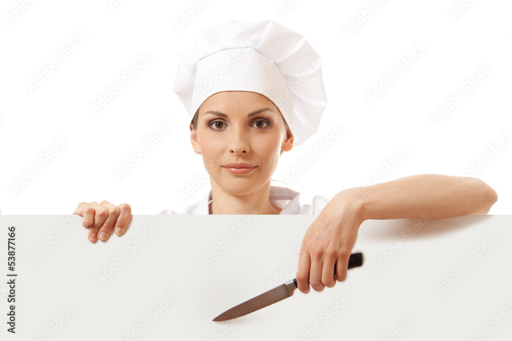 Chef woman with blank board in front of her , isolated Chef woman with blank board in front of her , isolated