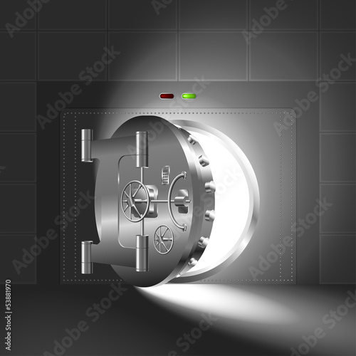 Light through a half-open bank safe (vault). The steel version