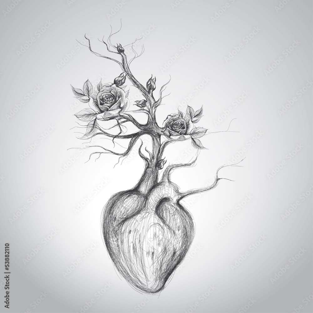 The heart is in blossom / Surreal romantic sketch Stock Vector