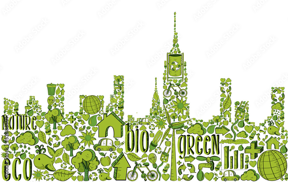 Green city silhouette with environmental icons Stock Vector | Adobe Stock