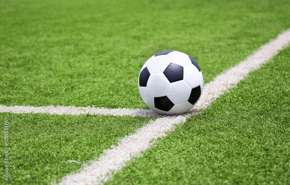 Soccer football on green grass field