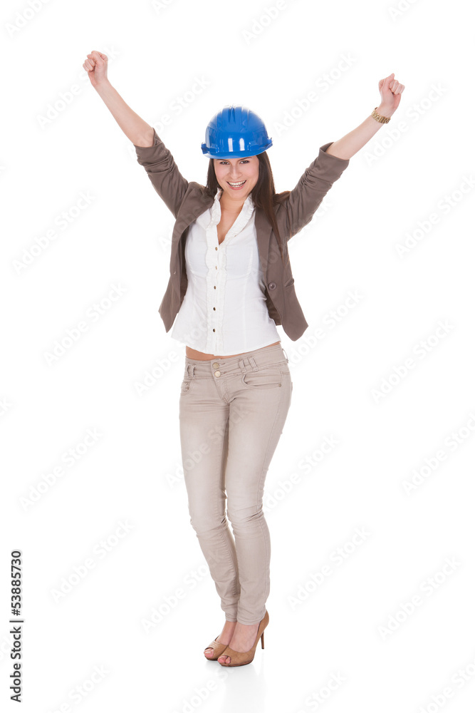 Portrait Of Female Architect With Arms Raised Portrait Of Female Architect With Arms Raised