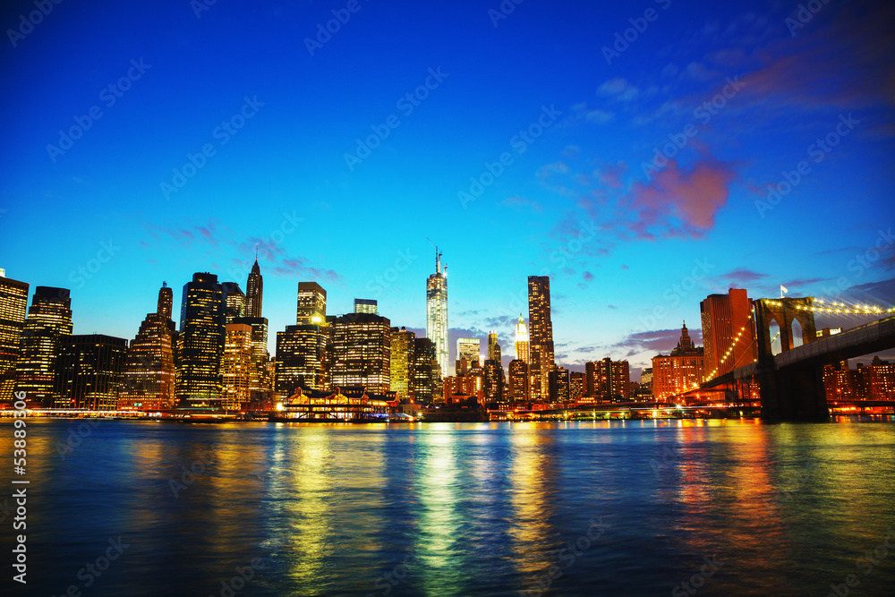 New York City cityscape at sunset