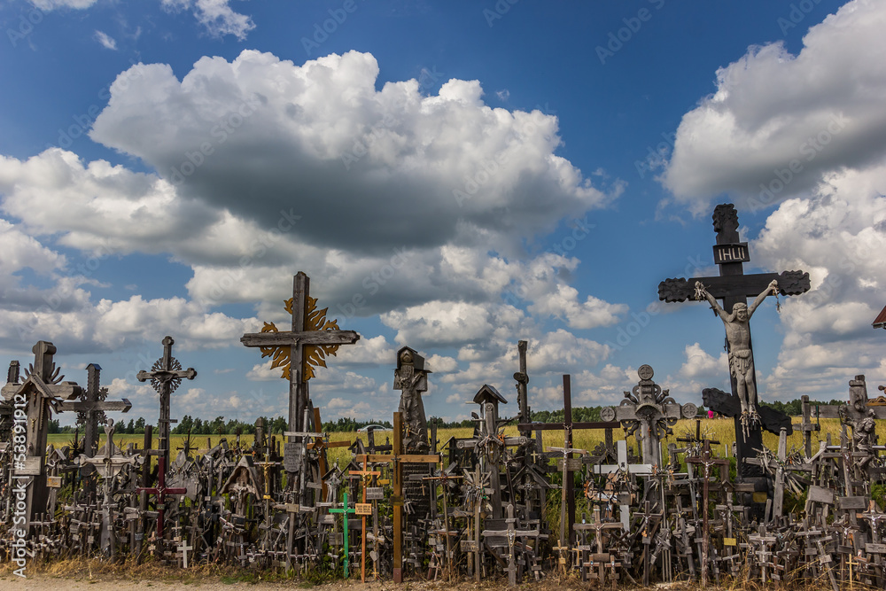 Lined up crosses at the hill of crosses