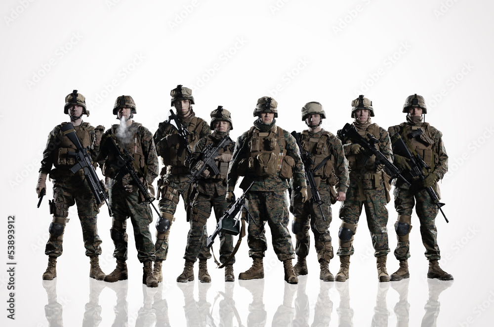 Fototapeta premium Eight isolated U.S. Marines. on the smooth floor